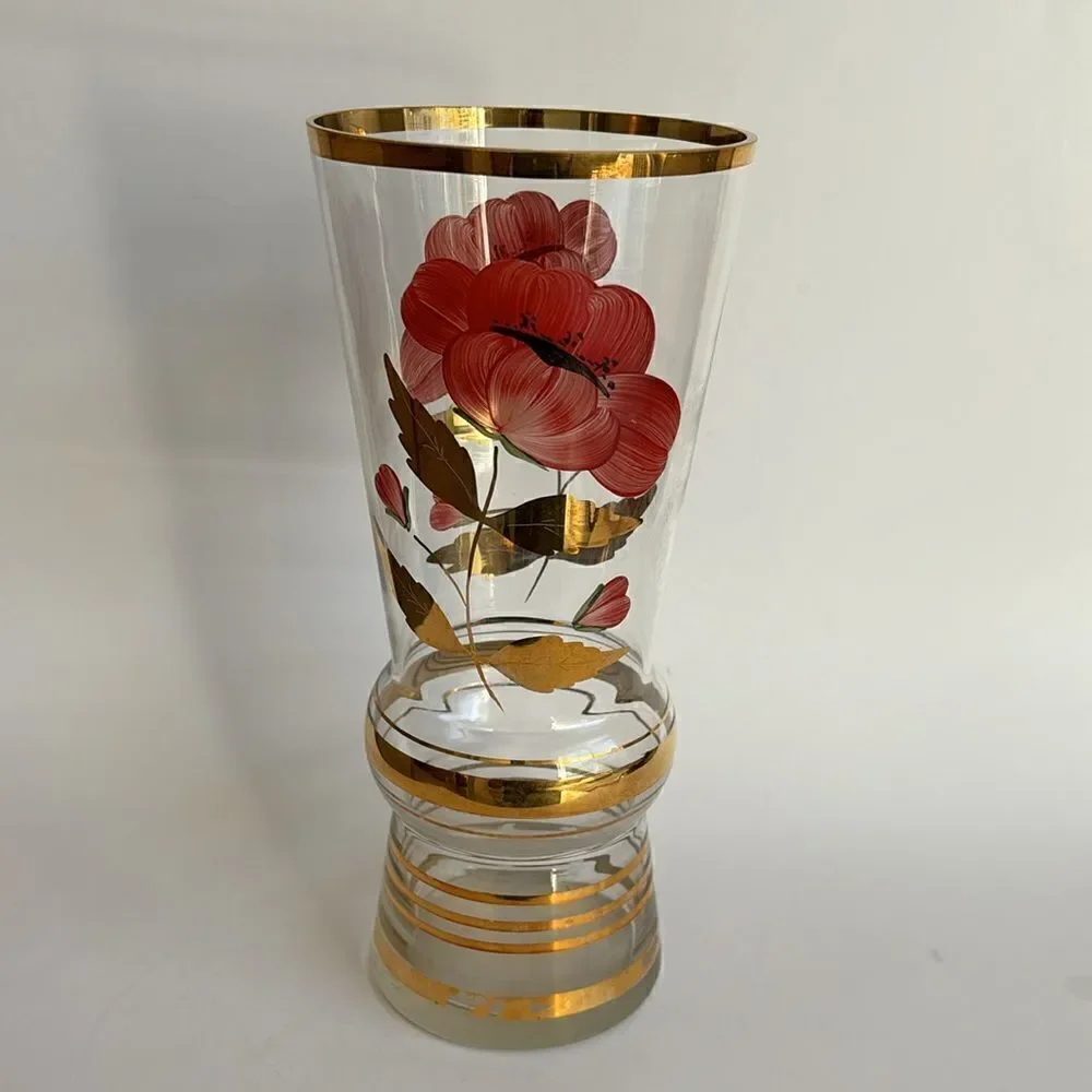 Large Vintage Clear Glass Vase Painted Flowers Gold Bands and Rim